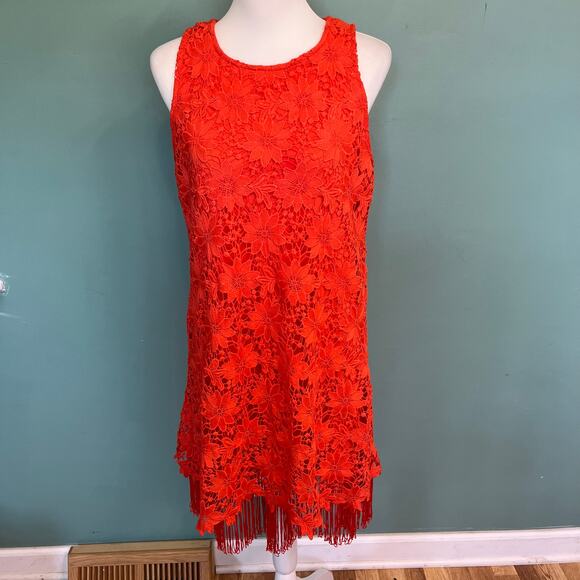 Bow Arrow Orange Crochet Fringe Dress M Boho Chic Festival Wedding Guest hippie - Picture 2 of 14